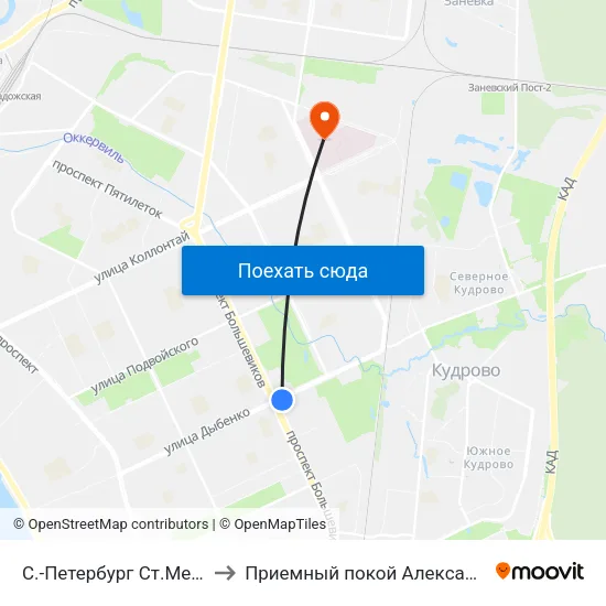 С.-Петербург  Ст.Метро Ул.Дыбенко to Приемный покой Александровской больницы map