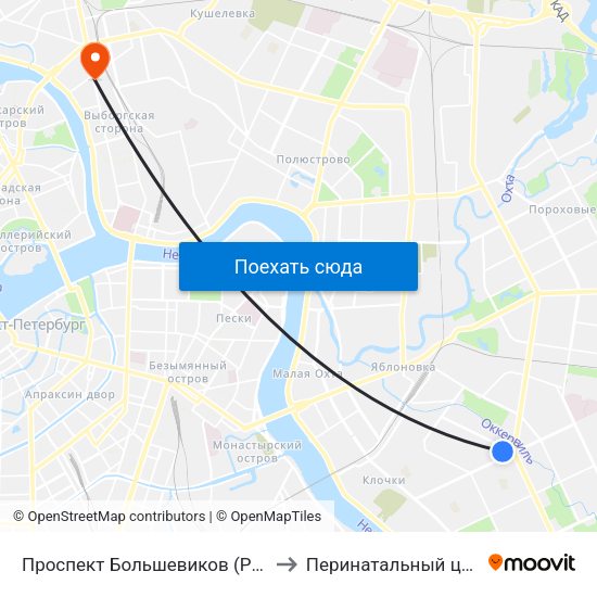 Проспект Большевиков (Prospekt Bol'Shevikov) to Перинатальный центр СПбГПМУ map