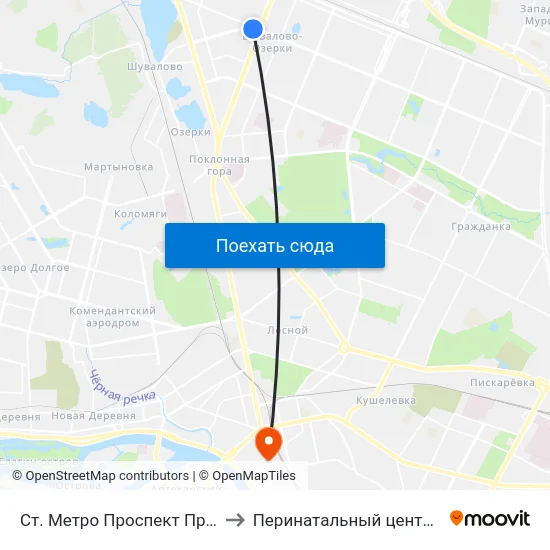 Ст. Метро Проспект Просвещения to Перинатальный центр СПбГПМУ map