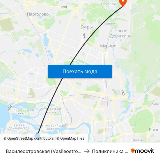 Василеостровская (Vasileostrovskaya) to Поликлиника гипх map