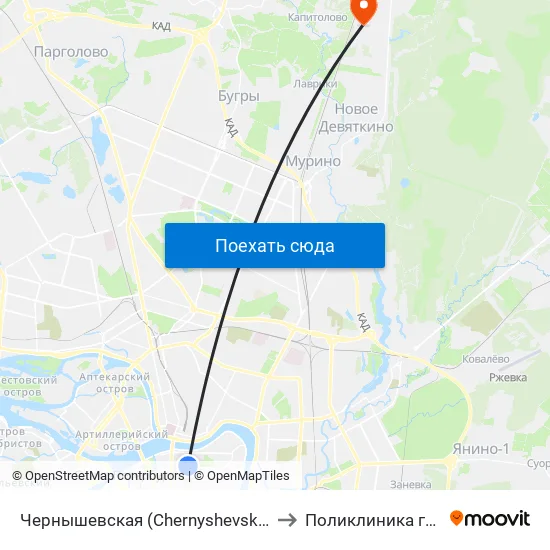 Чернышевская (Chernyshevskaya) to Поликлиника гипх map