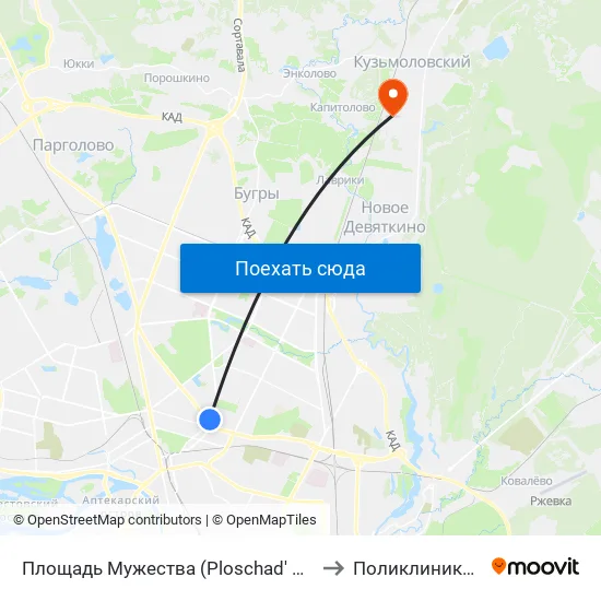 Площадь Мужества (Ploschad' Muzhestva) to Поликлиника гипх map