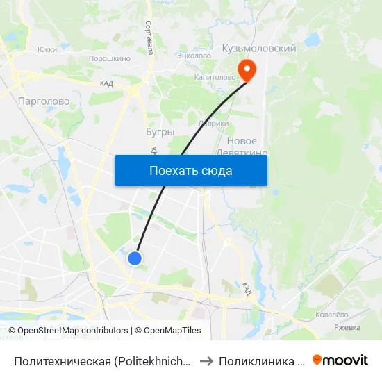 Политехническая (Politekhnicheskaya) to Поликлиника гипх map