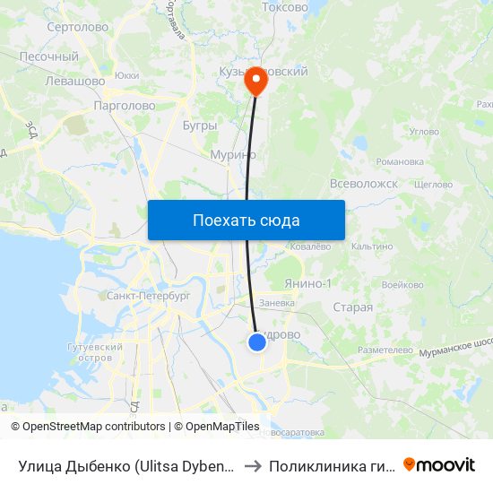 Улица Дыбенко (Ulitsa Dybenko) to Поликлиника гипх map