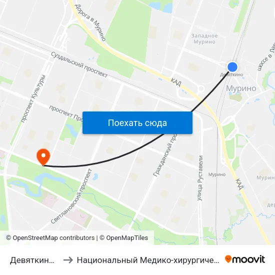 Девяткино (Devyatkino) to Национальный Медико-хирургический Центр Имени Н. И. Пирогова map
