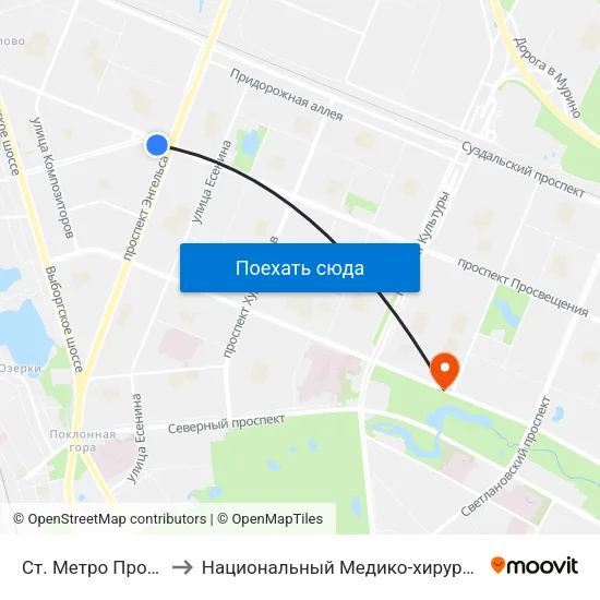 Ст. Метро Проспект Просвещения to Национальный Медико-хирургический Центр Имени Н. И. Пирогова map