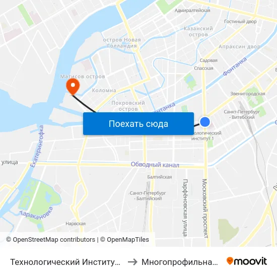 Технологический Институт - 1 (Tekhnologicheskiy Institut - 1) to Многопрофильная клиника Н.М Пирогова map