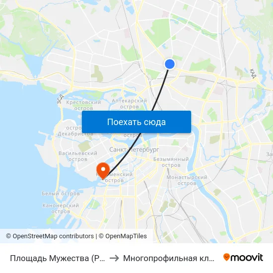 Площадь Мужества (Ploschad' Muzhestva) to Многопрофильная клиника Н.М Пирогова map