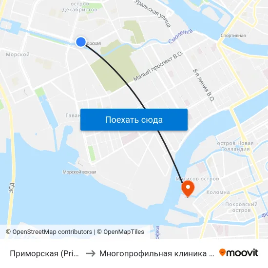 Приморская (Primorskaya) to Многопрофильная клиника Н.М Пирогова map