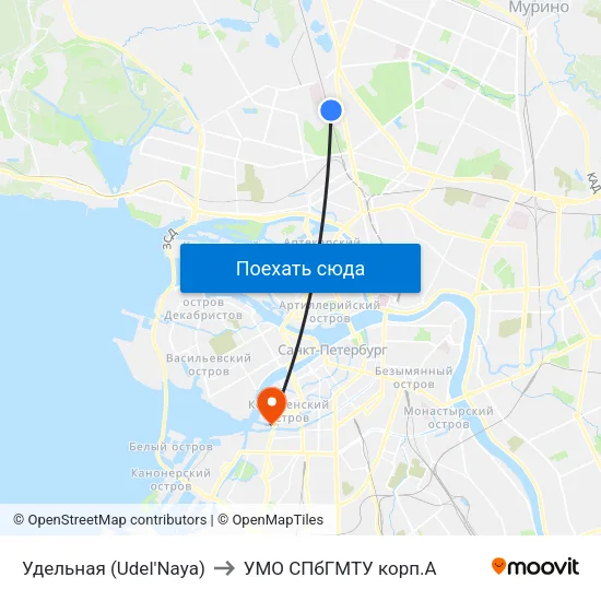 Удельная (Udel'Naya) to УМО СПбГМТУ корп.А map