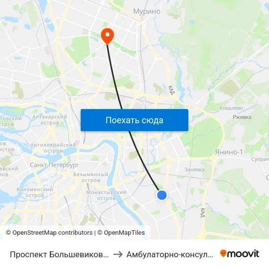 Проспект Большевиков (Prospekt Bol'Shevikov) to Амбулаторно-консультативное отделение map