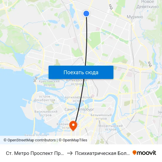 Ст. Метро Проспект Просвещения to Психиатрическая Больница № 5 map