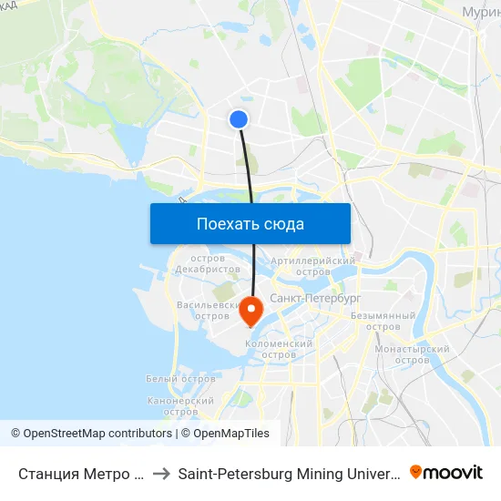 Станция Метро Комендантский Пр. to Saint-Petersburg Mining University (СПГУ (Горный университет)) map