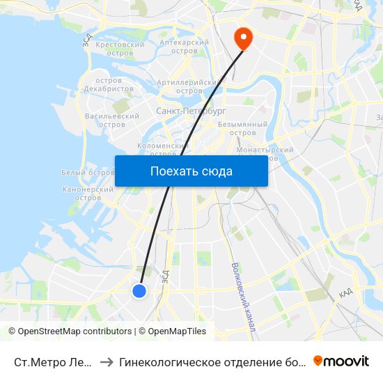 Ст.Метро Ленинский Пр. to Гинекологическое отделение больницы им. Святого Луки map