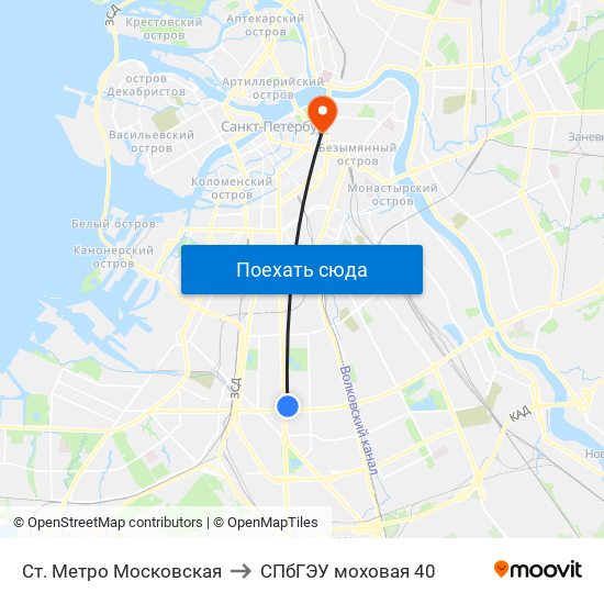 Ст. Метро Московская to СПбГЭУ моховая 40 map