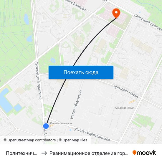 Политехническая (Politekhnicheskaya) to Реанимационное отделение городской больницы Святой преподобномученицы Елизаветы map
