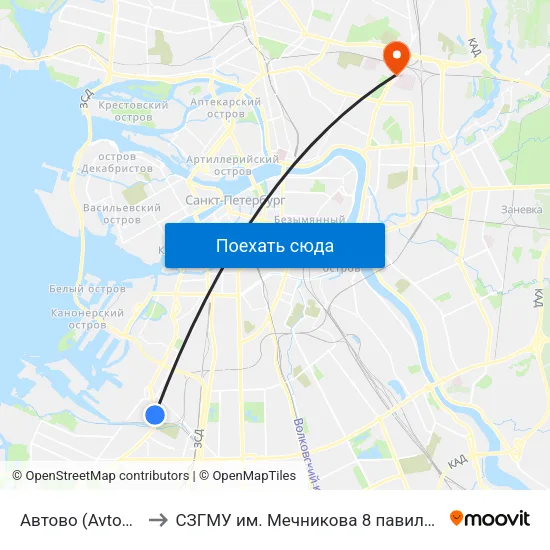 Автово (Avtovo) to СЗГМУ им. Мечникова 8 павильон map
