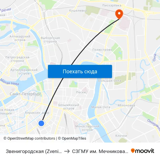 Звенигородская (Zvenigorodskaya) to СЗГМУ им. Мечникова 8 павильон map