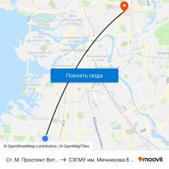 Ст. М. Проспект Ветеранов to СЗГМУ им. Мечникова 8 павильон map