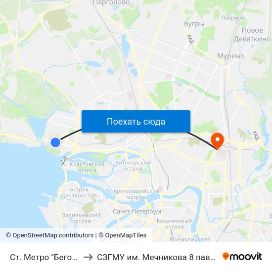 Ст. Метро "Беговая" to СЗГМУ им. Мечникова 8 павильон map