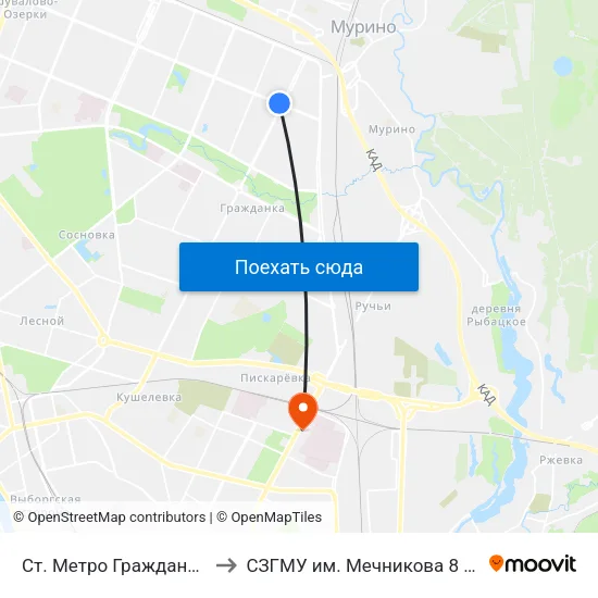 Ст. Метро Гражданский Пр. to СЗГМУ им. Мечникова 8 павильон map