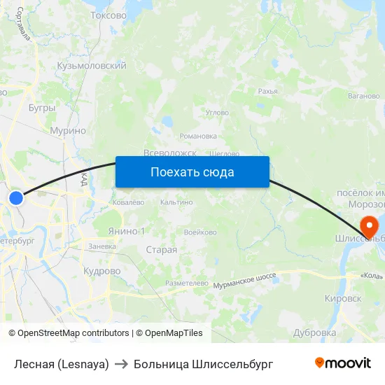 Лесная (Lesnaya) to Больница Шлиссельбург map