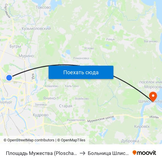 Площадь Мужества (Ploschad' Muzhestva) to Больница Шлиссельбург map