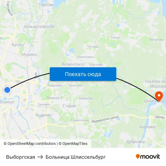 Выборгская to Больница Шлиссельбург map