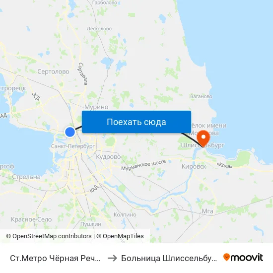 Ст.Метро Чёрная Речка to Больница Шлиссельбург map