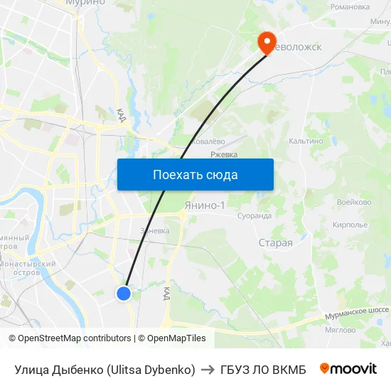 Улица Дыбенко (Ulitsa Dybenko) to ГБУЗ ЛО ВКМБ map