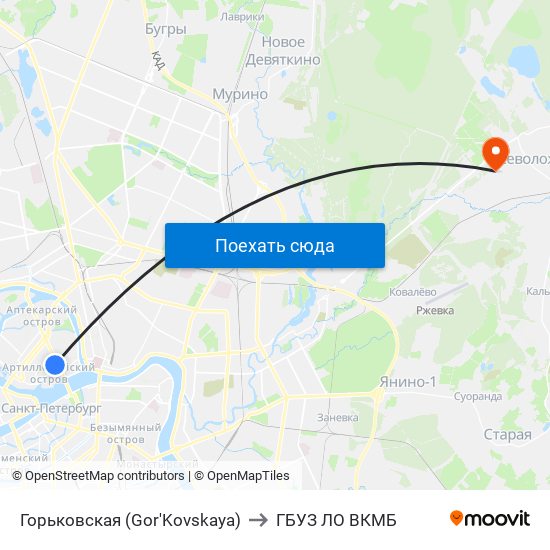 Горьковская (Gor'Kovskaya) to ГБУЗ ЛО ВКМБ map