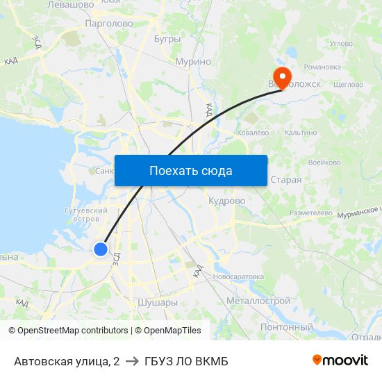 Автовская улица, 2 (станция метро Автово) to ГБУЗ ЛО ВКМБ map