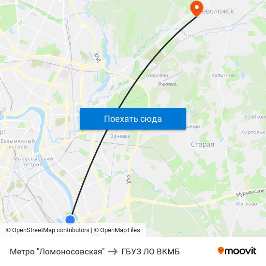 Метро "Ломоносовская" to ГБУЗ ЛО ВКМБ map