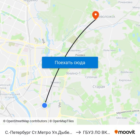 С.-Петербург  Ст.Метро Ул.Дыбенко to ГБУЗ ЛО ВКМБ map