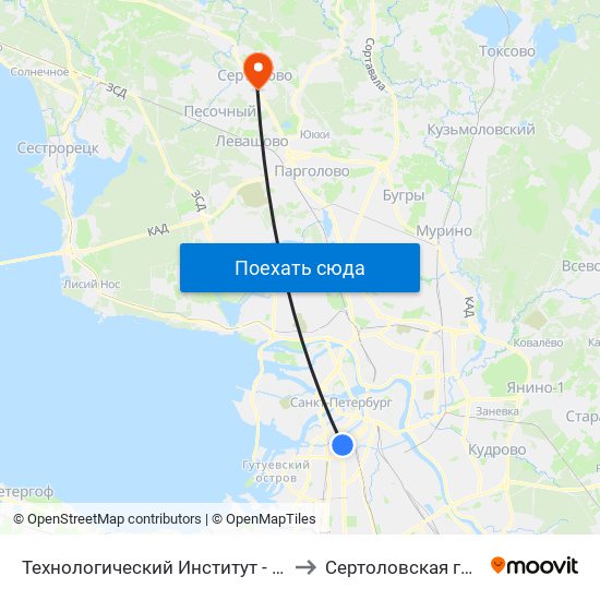 Технологический Институт - 1 (Tekhnologicheskiy Institut - 1) to Сертоловская горолская больница map