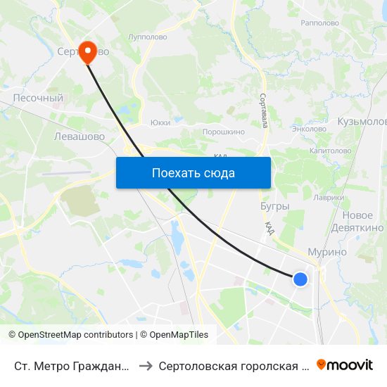 Ст. Метро Гражданский Пр. to Сертоловская горолская больница map