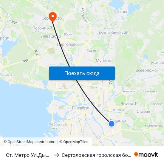 Ст. Метро Ул.Дыбенко to Сертоловская горолская больница map