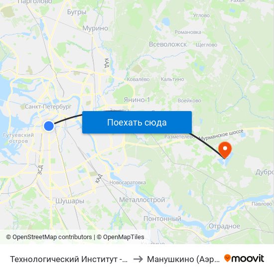 Технологический Институт - 1 (Tekhnologicheskiy Institut - 1) to Манушкино (Аэродром Манушкино) map