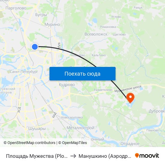 Площадь Мужества (Ploschad' Muzhestva) to Манушкино (Аэродром Манушкино) map