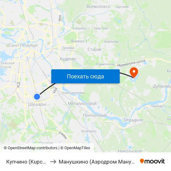 Купчино (Kupchino) to Манушкино (Аэродром Манушкино) map