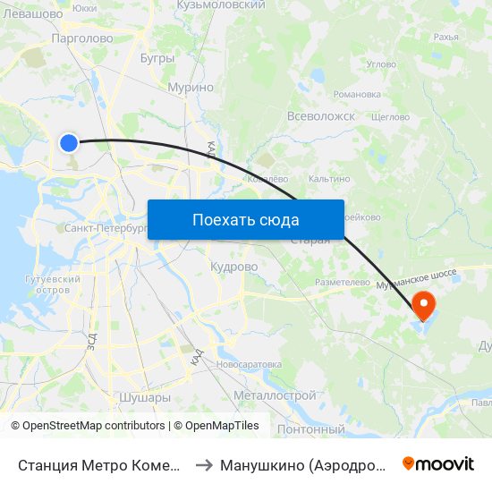 Станция Метро Комендантский Пр. to Манушкино (Аэродром Манушкино) map