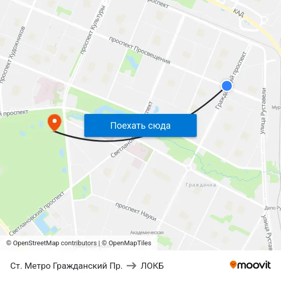 Ст. Метро Гражданский Пр. to ЛОКБ map