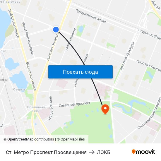 Ст. Метро Проспект Просвещения to ЛОКБ map