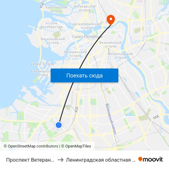 Проспект Ветеранов (Prospekt Veteranov) to Ленинградская областная детская клиническая больница map