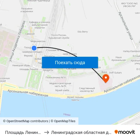 Площадь Ленина (Ploschad' Lenina) to Ленинградская областная детская клиническая больница map
