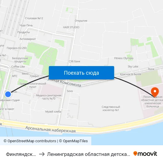 Финляндский Вокзал to Ленинградская областная детская клиническая больница map