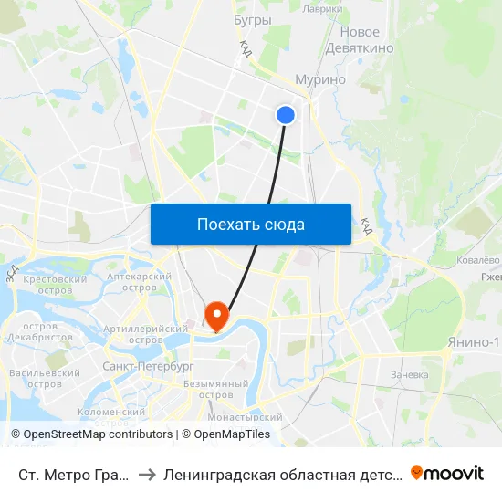 Ст. Метро Гражданский Пр. to Ленинградская областная детская клиническая больница map