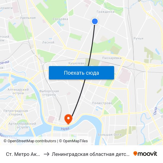 Ст. Метро Академическая to Ленинградская областная детская клиническая больница map