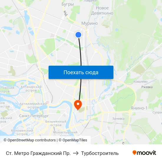 Ст. Метро Гражданский Пр. to Турбостроитель map