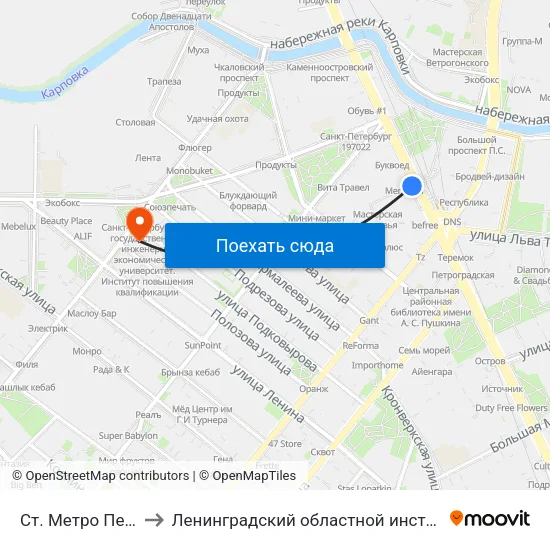 Ст. Метро Петроградская to Ленинградский областной институт развития образования map
